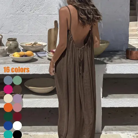 Women's Solid Color Cami Lounge Dress, Elegant Sleeveless Long Dress for Summer, Ladies Sleepwear for Indoor Wear Sultry Open-Back Slip Dress for Valentine's