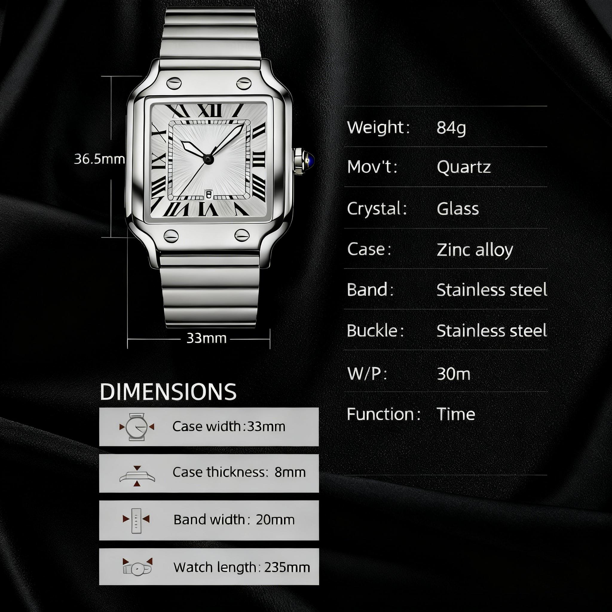 Unisex Classic Square Roman Numerals Silver Analog Water-Resistant Watch suitable for Women Men Stainless Steel Strap Date Display Casual Wristwatch