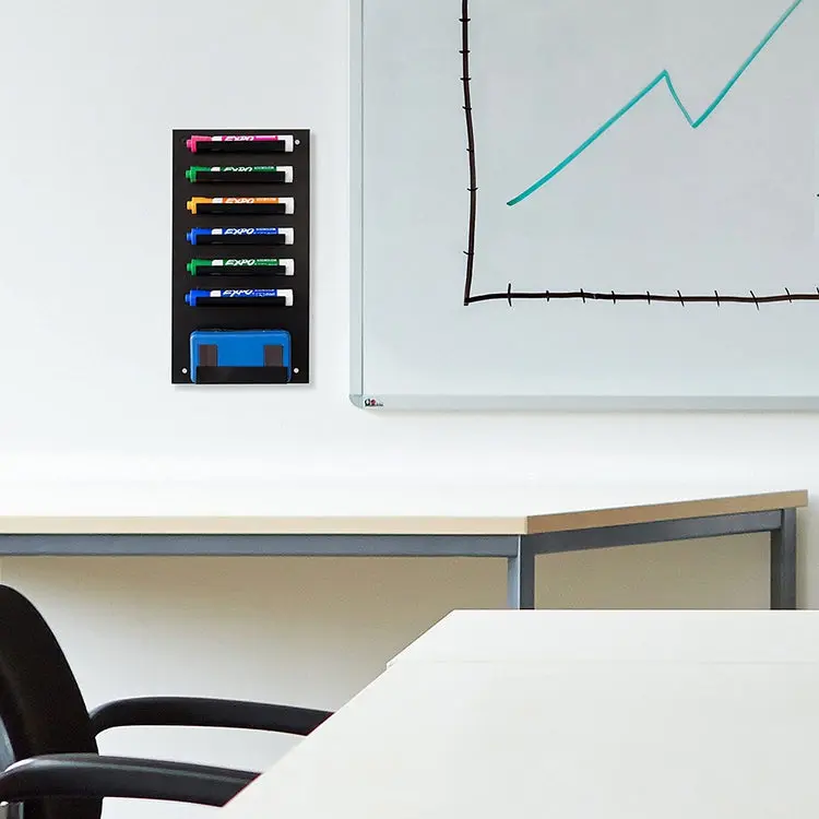 6-Slot Wall Mounted Black Metal Dry Erase Marker and Eraser Holder, Vertical Storage System