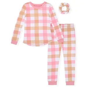 Sleep On It Girls 2-Piece Super Soft Jersey Long Sleeve Snug-Fit Pajama Set for Toddlers & Girls with Scrunchie - Checkerboard