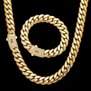 Men's 14K Gold Stainless Steel Cuban Link Necklace -CZ Diamond Fashion Costume Jewelry Accessory for Party, Daily Wear