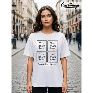 Personalized Custom Photo T-Shirt Four Picture Collage And Text Print, Casual Short Sleeve Crewneck Top for Men Women, Couples Family Besties Matching Outfits Memorial Gift, Breathable Comfortable Tee