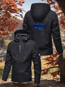 Men's Outdoor Hooded Sport Jacket, Okuma Fishing Logo Print Full Zipper, Long Sleeve, Polyester Fiber, Casual Fitted Coat for Spring & Fall
