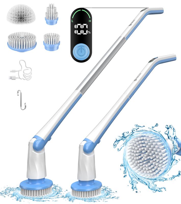 Electric Spin Scrubber with Display, IPX7 Waterproof Powerful Shower Scrubber, 2H Runtime, 2 Speeds, Adjustable Handle, 5 Brush Heads, Cleaning Brushes for Household Use Bathtub Tile Car