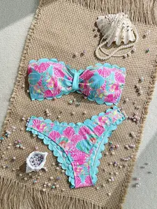 Women's Sexy Two-Piece Bikini Set, Floral Bandeau Swimsuit, Sleeveless High Cut Bottoms, Perfect for Beach Vacation