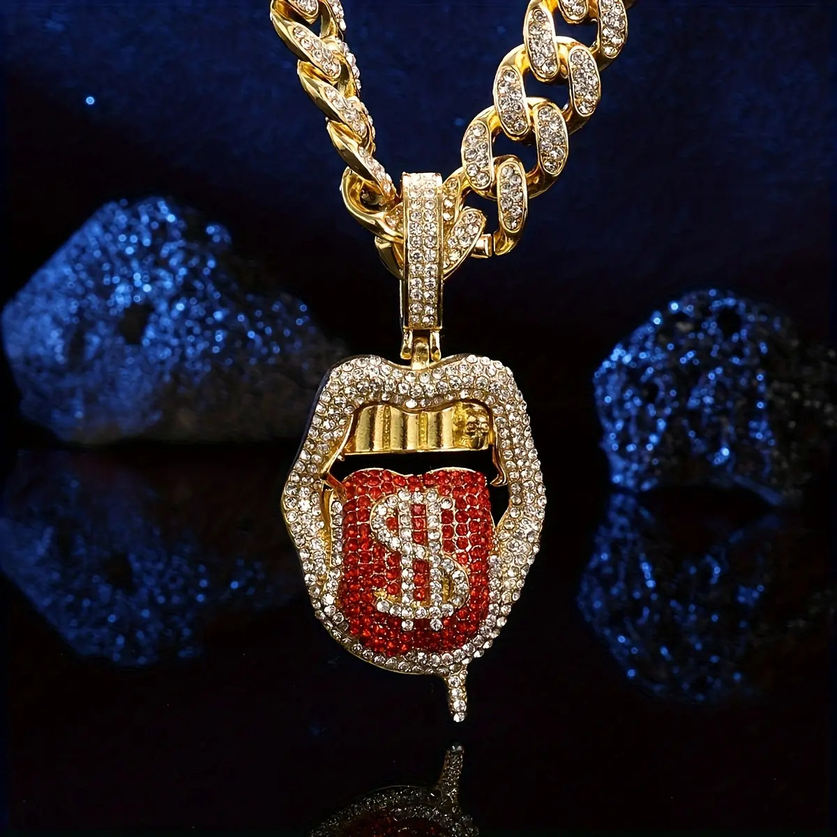 Unisex 2-Piece Hip Hop Necklace Set, Layered Gold Cuban Link Chains with Grillz Tongue & Dollar Sign Pendants, Zinc Alloy Party Jewelry, Cuban Link Chain, Gold Cuban Chain