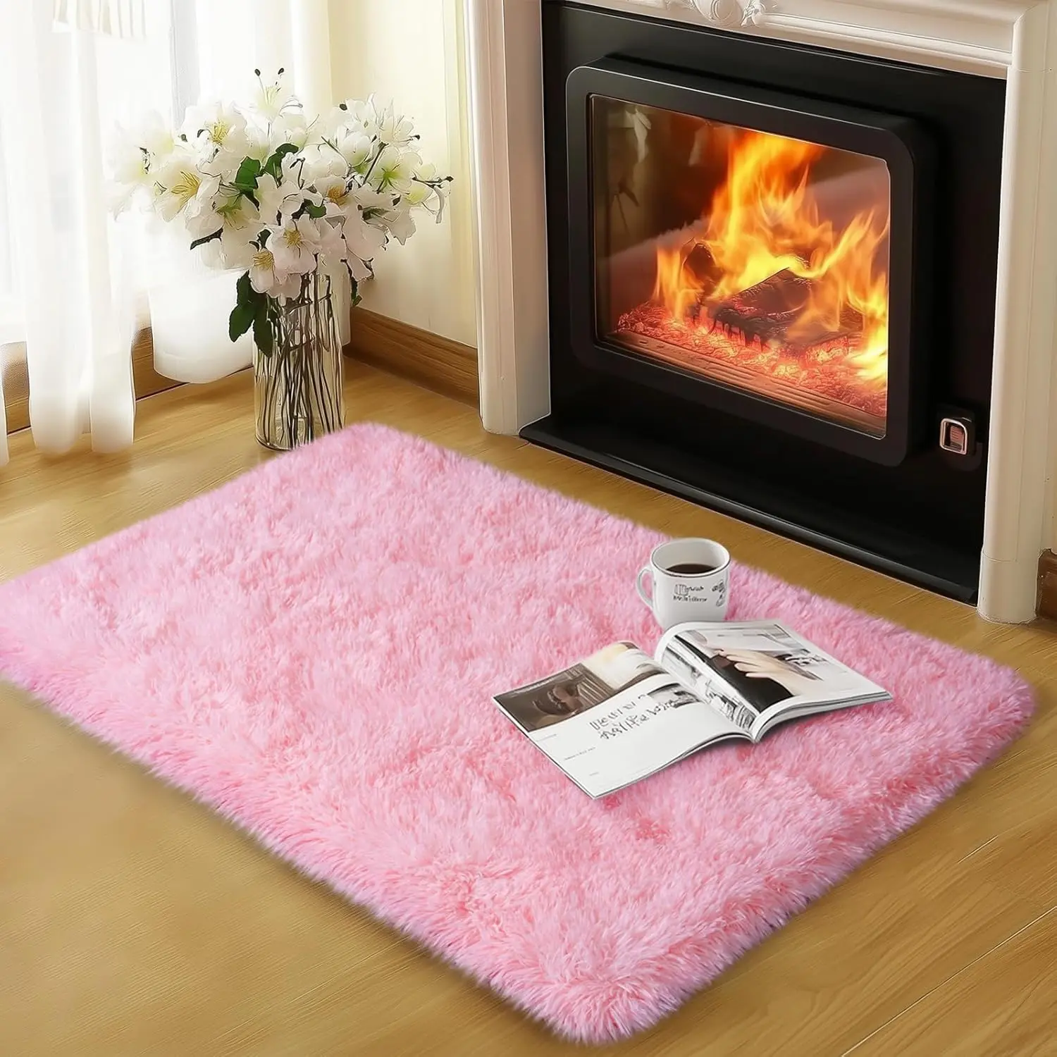 Pink Indoor Soft Shag Area Rug - 2'x3' Rectangle Fluffy Texture Carpet, 2' x 3' (Rectangular) Small Rug for Bedroom, Living Room Home Decor