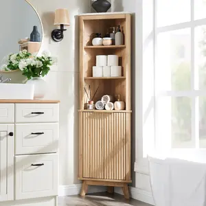 OKD 68" Tall Corner Cabinet Storage with Faux Marble Top Modern Pantry Adjustable Shelves Curved Profile Design Organizer for Kitchen Bathroom Living Room Hallway,Natural Oak