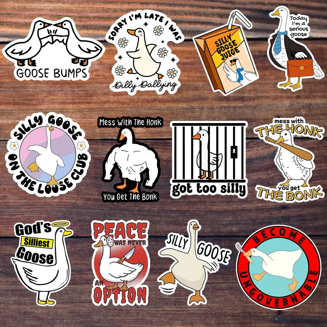 12 Pack Silly Goose Sticker Set - Funny Meme Goose Stickers For Laptop, Water Bottle, Planner - Waterproof