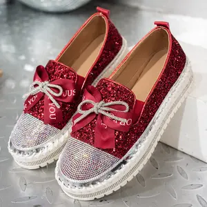 Women's Casual Flat Shoes - Daily Comfortable Thick-Sole Slip-On Sneakers with Rhinestone-Decorated Bow