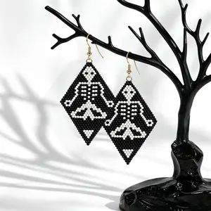 Skeleton Beaded Dangle Earrings Black White Gothic Fringe