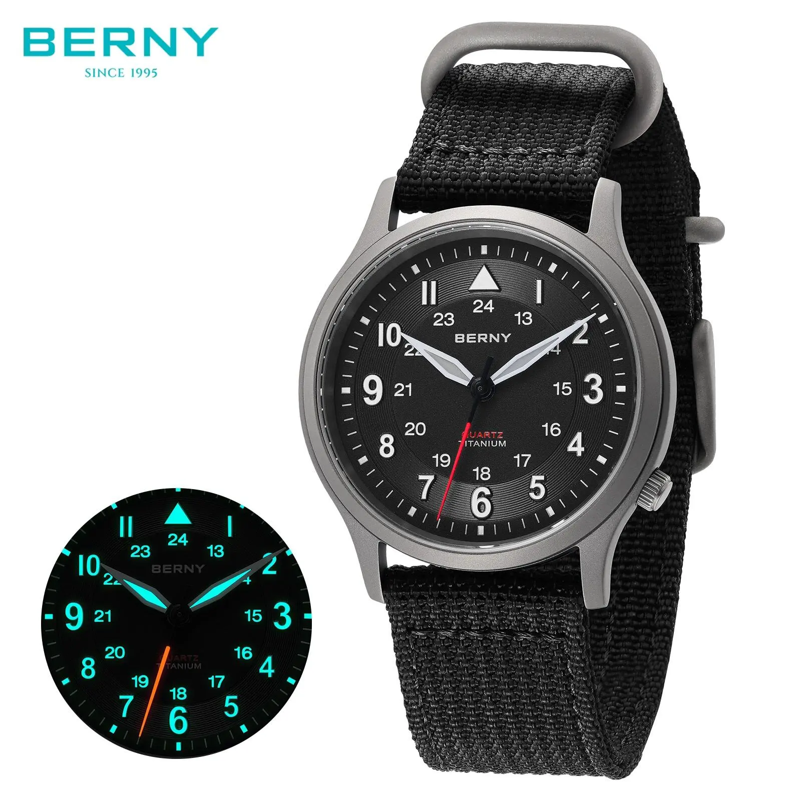 BERNY Titanium Men's Watch, High-Quality Field Male Quartz Wristwatch for Outdoor Casual Sport, Military Aviation Style, 5ATM Waterproof, Super Luminous, Nylon Strap, Men's Gift, Reloj de Hombre, Father's Day, Summer Wins