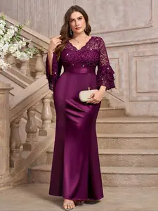 MISSMAY P24267A Plus Womenswear V Neck Sequin Floral Lace Contrast Satin Ruffle Sleeve Mermaid Hem Formal Evening Cocktail Party Long Dress, Elegant Formal Prom Wedding Guest Gown, For Graduation, Dinner, Homecoming