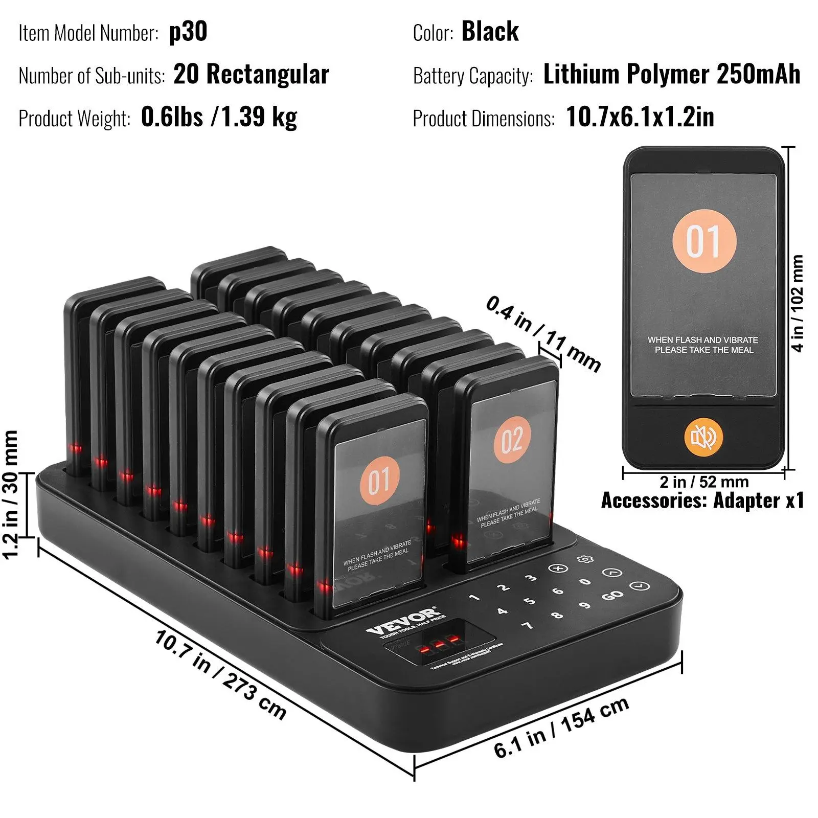 【Summerfinds】VEVOR Wireless Restaurant Pager System - 400m Long Range, 20 Lithium-Charging P30 Buzzer Handsets, Multiple Alerts (Vibration, Flashing Beep), LCD Display, 10.7x6.1x1.2in, 24H Use for Restaurants, Food Trucks [DealsForYouDays]