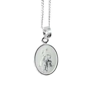 Silver Divine Mercy Oval Necklace 18-inch