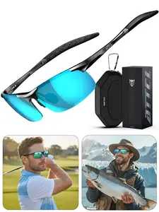 ATTCL Ultra-Light Aluminum-Magnesium Men's Sports Polarized Sunglasses, Sporty Sunglasses, UV400 UV Protection, Anti-Glare, Wrap-Around Frame, for Golf, Fishing, Running, Includes Microfiber Cleaning Cloth & Sunglasses Case