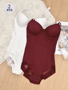 Women's Ruched Slimming Airslim Bust Bodysuit Set, 2pcs Seamless Triangle Pant & Chest Pad, Casual All-Season Wear, Regular Length, Plain Style