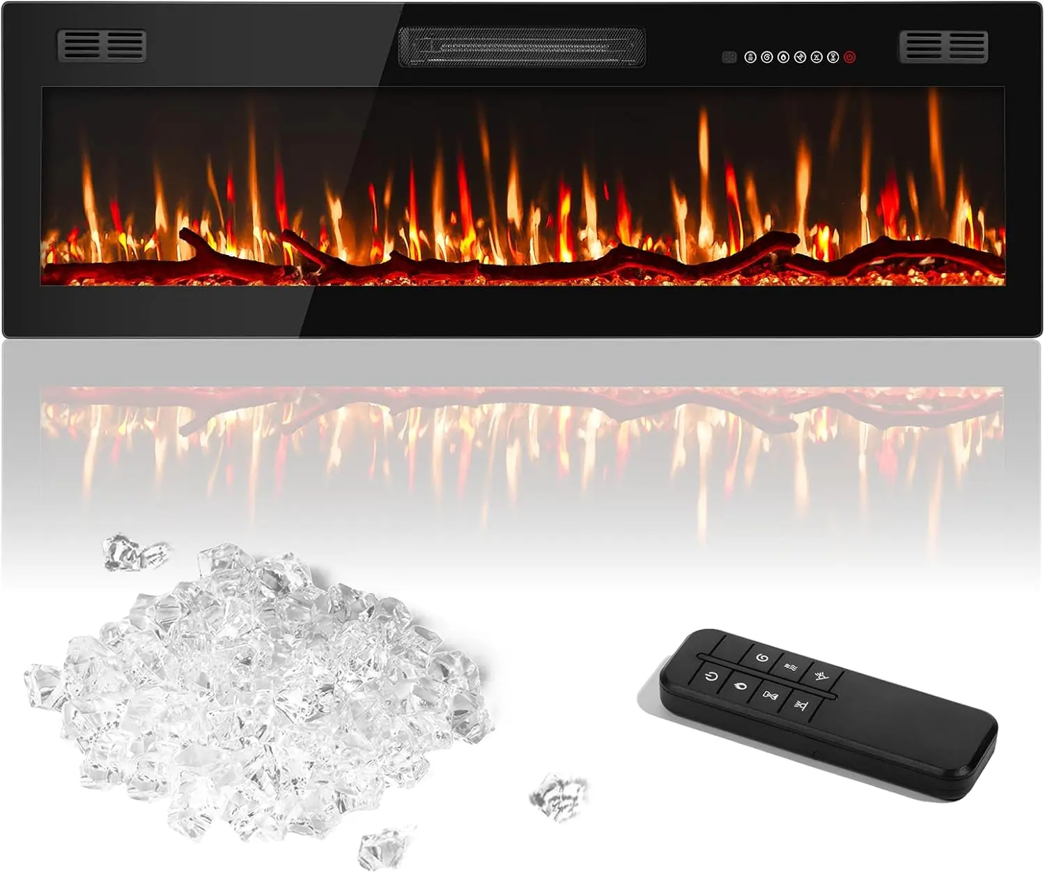 PUKAMI Electric Fireplace in-Wall Recessed and Wall Mounted, Fireplace Heater with Remote Control, Linear Fireplace with Adjustable Flame Color, for Bedroom, Timer, Log & Crystal