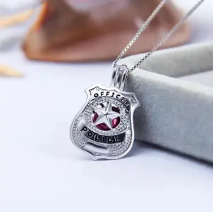 Authentic 925 Sterling Silver Police Star Pearl Cage Badge Pendant Necklace