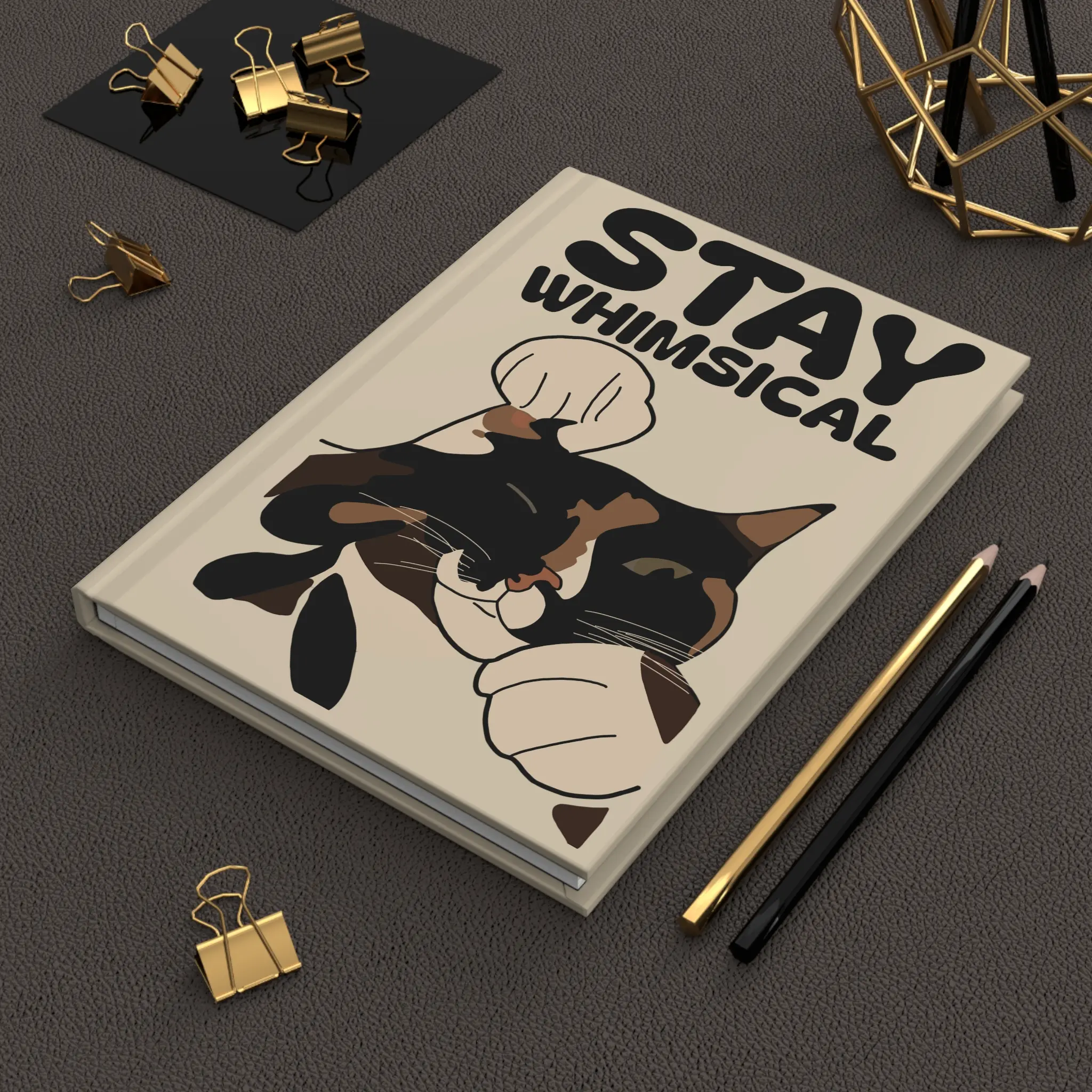 Stay Whimsical Cat Illustration Hardcover Journal | Cute Calico Cat Notebook