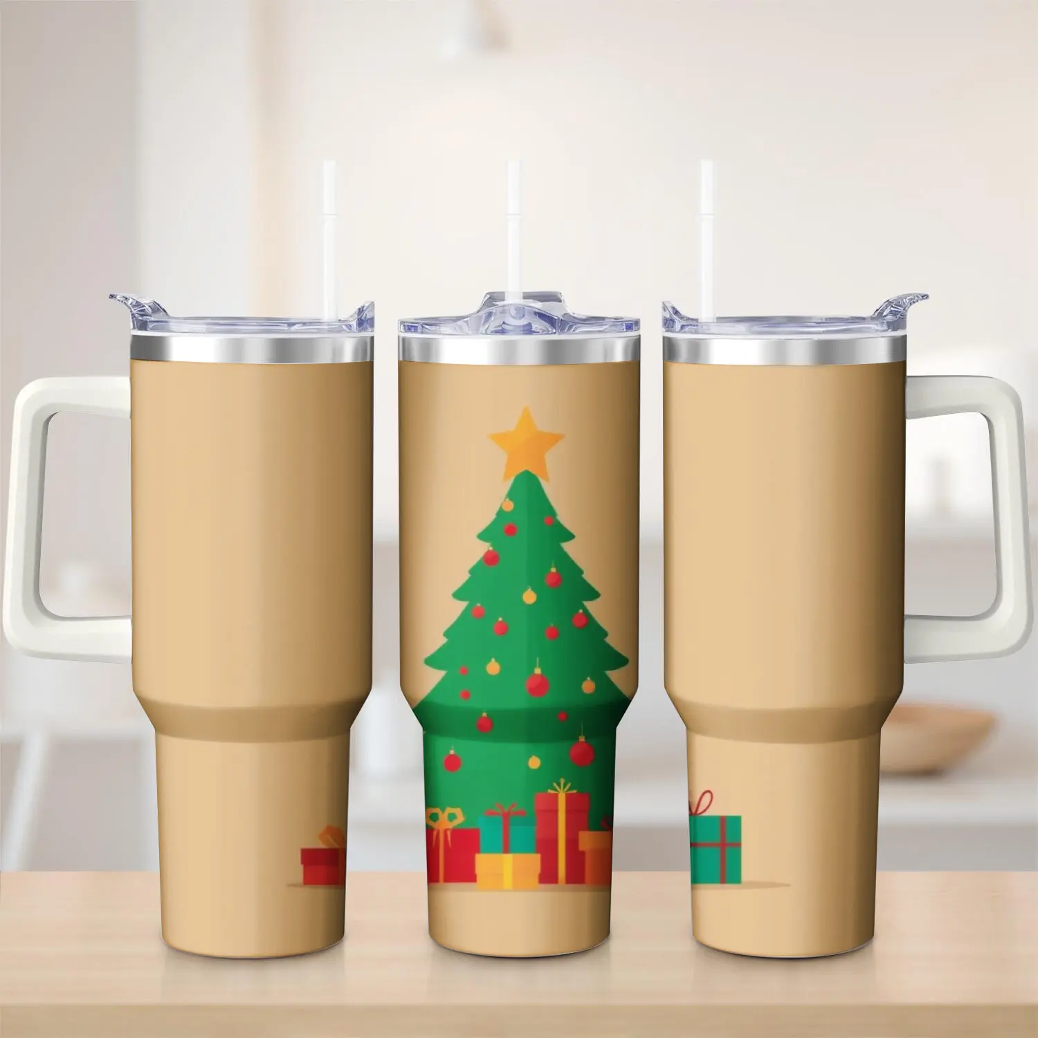 Stainless Steel Travel Mug with Handle - Gold Color - Christmas Gift Box Pattern - Outdoor Camping and Picnic Use