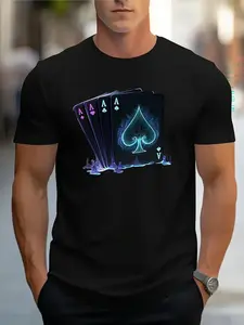 Glow-in-the-Dark Ace of Spades Graphic Tee - Full Poker Set with Neon Aces & Chess Piece Details,Men's and women's style. Sports T-shirt. Basic layering. Lightweight and breathable.