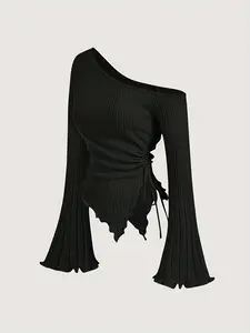 Stylish Solid Color Ribbed Off-Shoulder Top with Flare Sleeves, Fitted Waist Drawstring Design for Versatile Ladies Fashion Womenswear