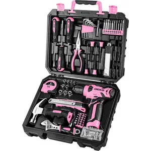 Drill Set, Home Tool Set with 8V Pink Cordless Drill, Hand Tool Kit for Women, 126 pcs