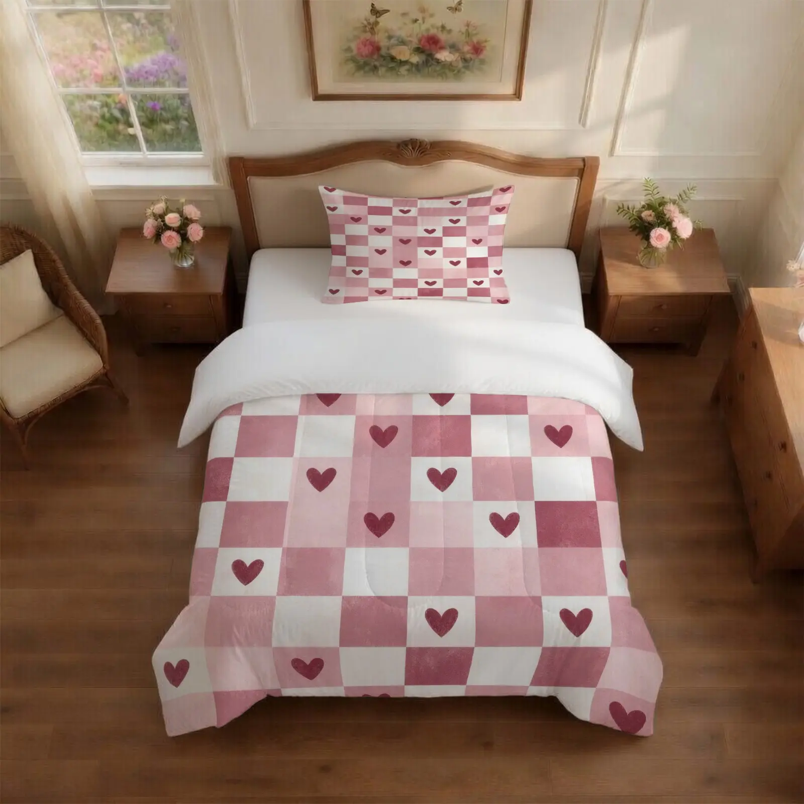Checkered Heart Comforter Set, 2/3 Pieces (1 Comforter + 1/2 Pillowcases, No Pillow Insert), Coquette Style Bedding Set, Soft Breathable Quilted Bedspread for Teens & Adults, Ideal for Bedroom, Dorm & Guest Room Decor, Perfect Festival Gift