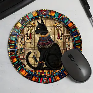 Egyptian Black Cat Stained Glass Round Gaming Mouse Pad, Art Style Desktop Decoration Protection Pad, Non-Slip Rubber Lock Edge Small Size Pad, Suitable For Laptops And Desktops, Ideal Workplace Stress-Relief Gift For Family And Friend