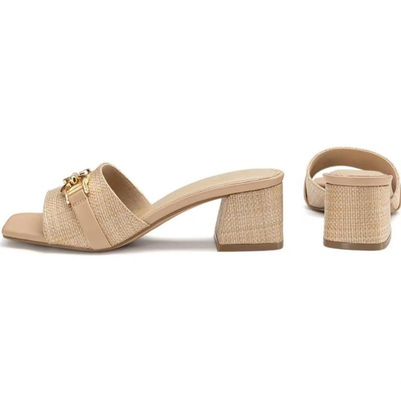 Women's Raffia Heeled Sandals Square Open Toe Slip On Mules Chunky Block Heels with Metal Chain for Summer Vacation