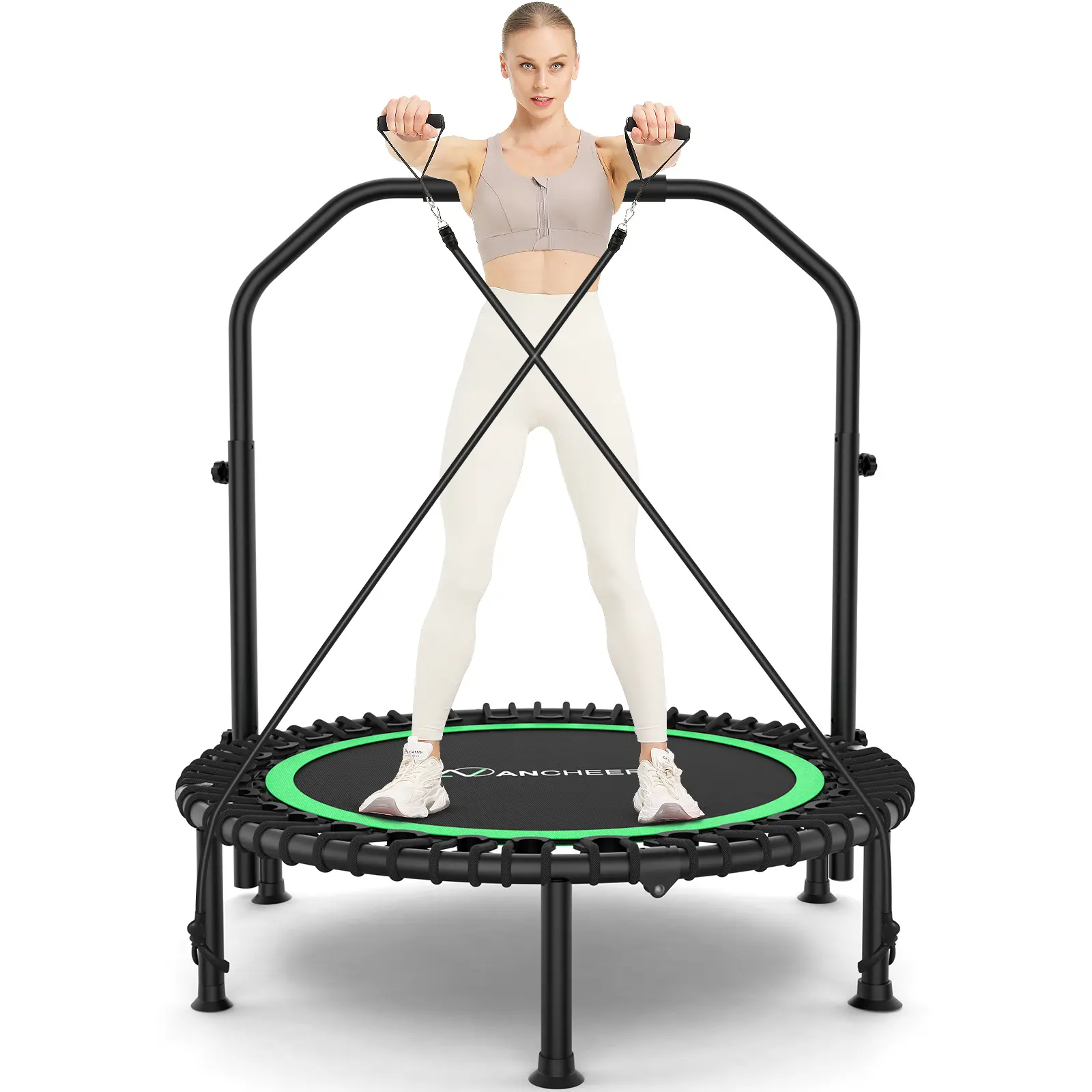 ANCHEER Foldable Fitness Trampoline with Handle, 40"/48" Mini Rebounder for Adults, 450/550LBS Weight Capacity, Quiet Bungee Exercise Trampoline with Resistance Bands for Indoor & Outdoor Workout