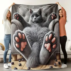 1 Piece,Scandinavian Style Gray Cat Blanket,Soft Flannel Like Throw With HD Gray British Shorthair Design, All-Season Cozy Throw for Living Room, Office, Sofa & Travel, Perfect Gift for Fans, Home Decor Accessory