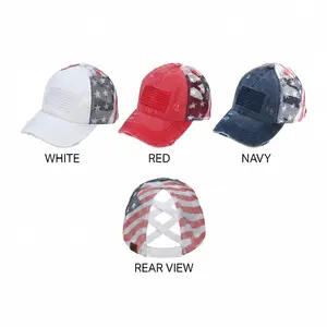 C.C Patriotic Adjustable Women’s Baseball Cap – Cotton Brushed Embroidered Hat with Criss-Cross Elastic Band, American Flag Mesh Back Durable Accessory Fit