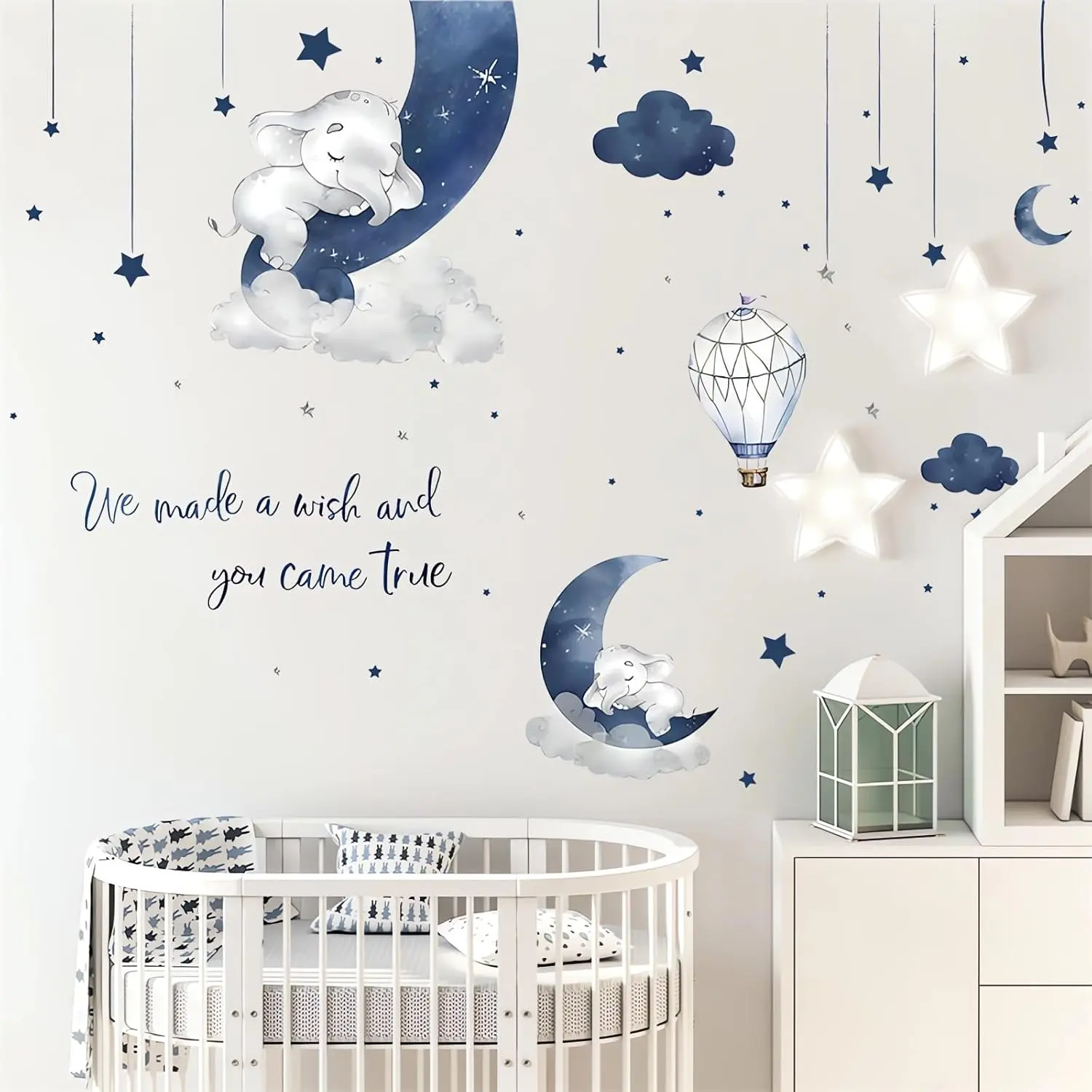 Dream Blue Grey Sleeping  Elephant Wall Sticker,  Moon  Cloud Warm English Phrase Wall Decal Removable Vinyl Peel and Stick for   Boy  Bedroom  Room Art  Decor