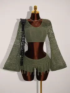 Olive Green Crochet Knit Two Piece Set Bell Sleeve Lace Up Back Crop Top Fringe Shorts Boho Beach Festival Outfit Summer Spring Vacation Swim Cover Up Hollow Out Knitwear for Women Party Clubwear Streetwear Bohemian Elegance Style Womenswear