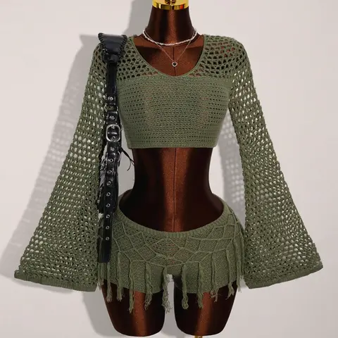 Olive Green Crochet Knit Breathable Two-Piece Matching Set for Women, Summer Bell Lace-Up Back Crop Top and Fringe Shorts, Boho Beach Festival Outfit and Swim Cover-Up, Bohemian Elegance, Clothes