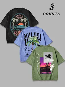 3-Pack West Coast Malibu Palm Tropical Graphic Sunset Print Short Sleeve Men's Vintage Washed T-Shirts, American Streetwear Fashion