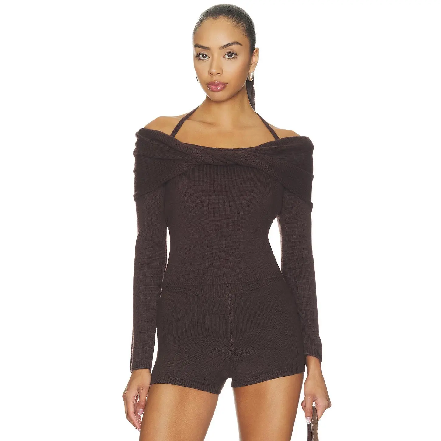 SIMKHAI Cambria Long Sleeve Off Shoulder Top in Chocolate