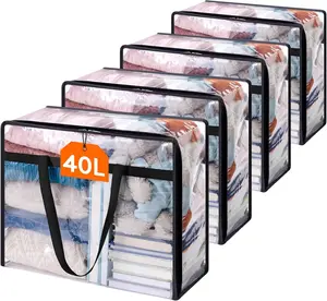 4 Pack 40L Clear Clothes Storage Bags | Heavy Duty Foldable Zipper Organizer for Bedding, Comforters & Blankets Transparent Moving Storage Containers for Closet & Home Organization Use