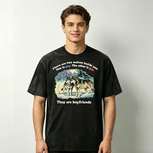 Unisex 2-Wolves Meme Graphic T-Shirt - Oversized, Breathable Short-Sleeve, Round Neck, Soft Cotton, Vintage Basic Fit-Black Front Print Fashion Top, "1 is Gay, Both are Boyfriends" White Aesthetic Ironic Streetwear, Viral Internet Culture Shirt for Gen Z