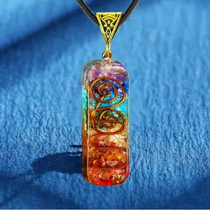 Natural Crystal Gemstone Resin Pendant 7 Chakra Reiki Pendant Cord Necklace, Healing Protection Strength Inner Peace Balance Necklace