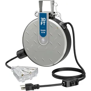 30FT Retractable Extension Cord Reel, Ceiling/Wall Mount 16/3 SJTW Power Cord with 3 Lighted Triple Outlets for Garage Shop, 10 Amp Circuit Breaker, Metal Plate, ETL Listed,