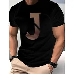 Men's Casual Graphic T-Shirt with Bold 'J' Letter Print - Black Tee, Regular Fit Round Neck
