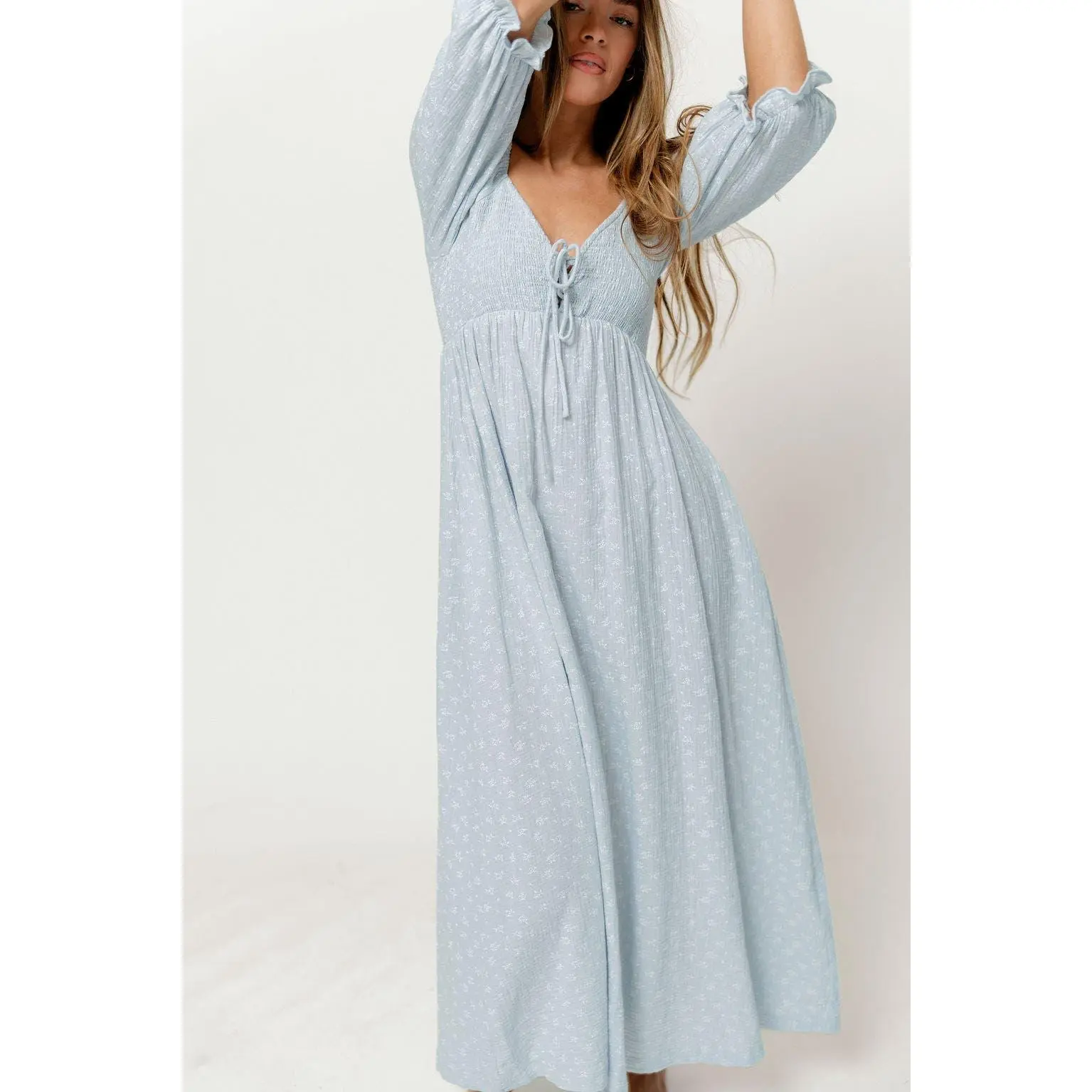 Cecilia 100% Cotton Smocked Maxi Dress in Baby Blue Foliage - Bump Friendly  - TikTok Shop
