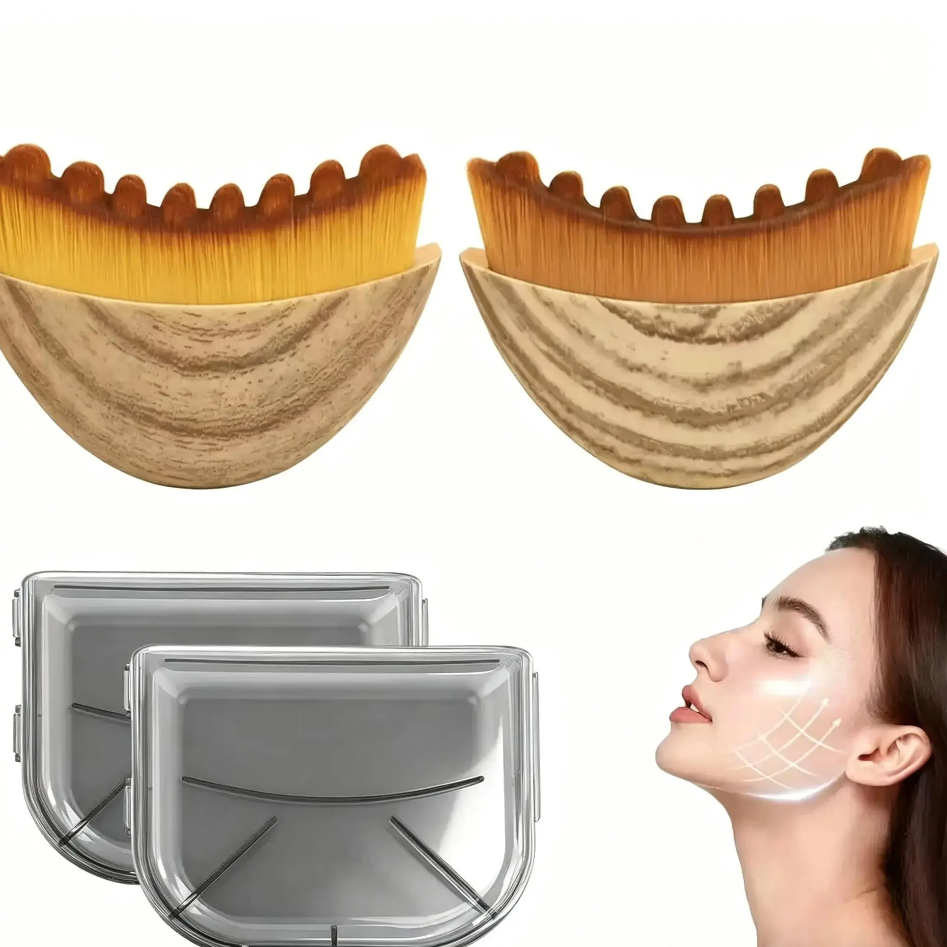 2PCS Gentle Facial Contour Massage Brush - Natural Wood Double Chin Reducer, Defined Jawline Shaper, Smooth Dry Brushing Lifting Gua Sha Tool for Daily Skincare (Facial Beauty Massagers), 2 Brushes+2 Boxes