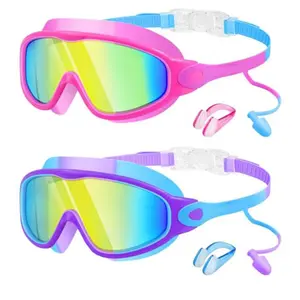 Swim Goggles, Kids Goggles with Earplugs& Nose Clip Wide View Anti-Fog/UV Swimming Goggles for Age 3-15 Boys Girls
