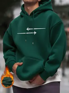 Men's Simple Airplane Line Print Hoodie Set, Casual Fitted Graphic Sweatshirt, Spring & Fall Fashion, Versatile Leisure Wear