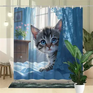 Cheetah Cat Peeking Through Blue Curtain, Fun Animal Print Bathroom Decor, Shower Curtain Set, 70.8x70.8 Inches with 12 Hooks, Home Decoration