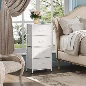 Modern Fabric Drawer Nightstand - 4 Removable Storage Drawers, Wooden Top, Sturdy Steel Frame, Adjustable Durable Space-Saving Organizer, Assembly Required, for Bedroom, Dorm Room, Nursery (White)